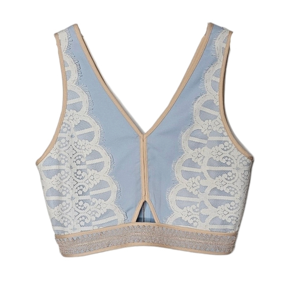 Endless Rose Powder Blue V-neck V-back Cream Lace Crop Top Keyhole Front small